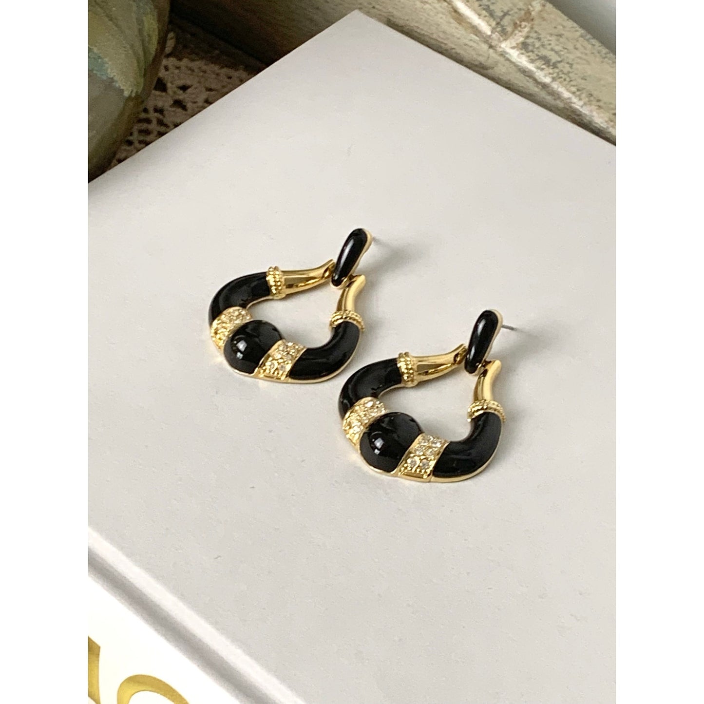 Vintage Black Enamel Rhinestone Goldtone Doorknocker Earrings Pierced Statement Glam