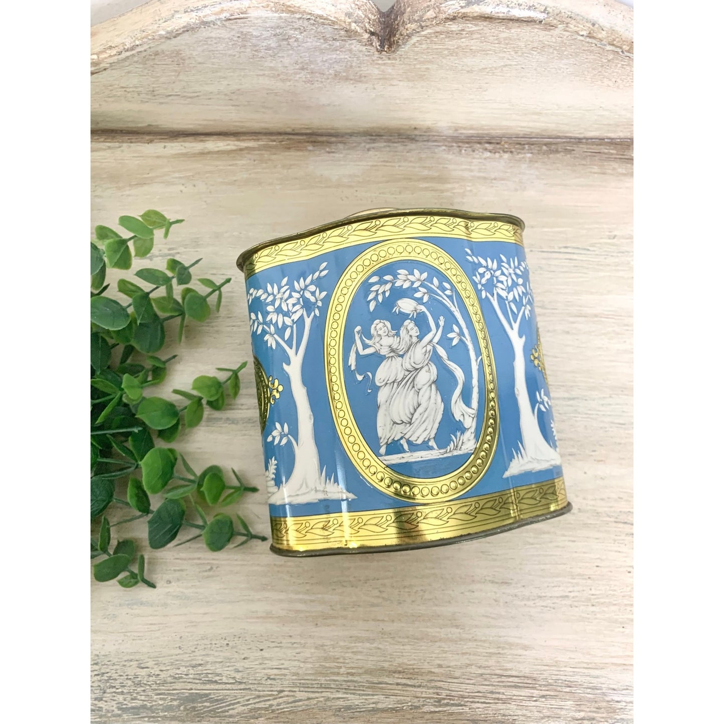 Vintage Tin Canister Murray Allen Grecian Figural Blue Gold Made in England Victorian Style