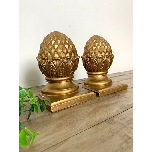Vintage Gold Pinecone Finial Bookends - Elegant Decorative Accents for Shelf or Mantle