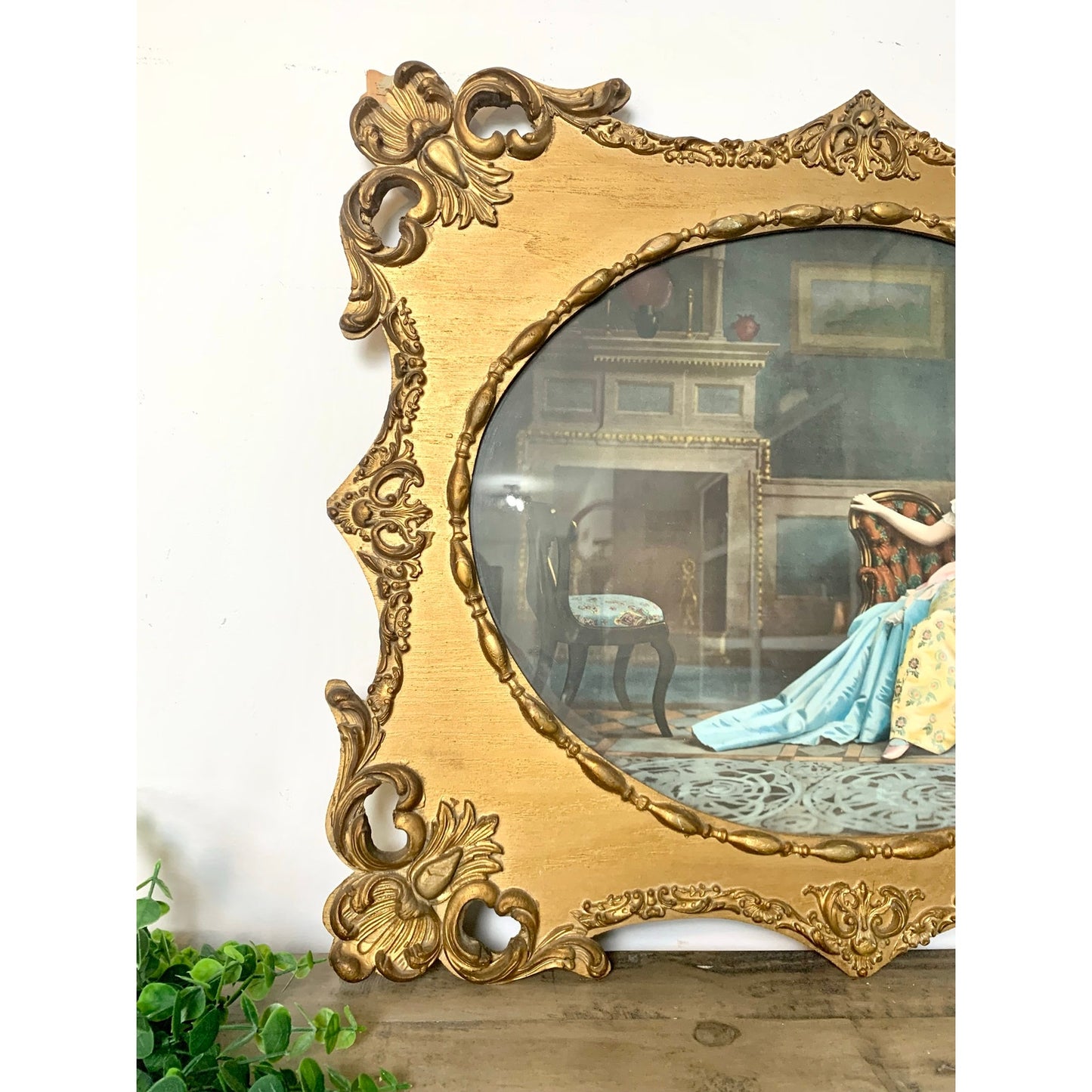 Vintage Gilt Rococo Framed Engagement Portrait Wall Art Romantic Print Ornate Carved Wood