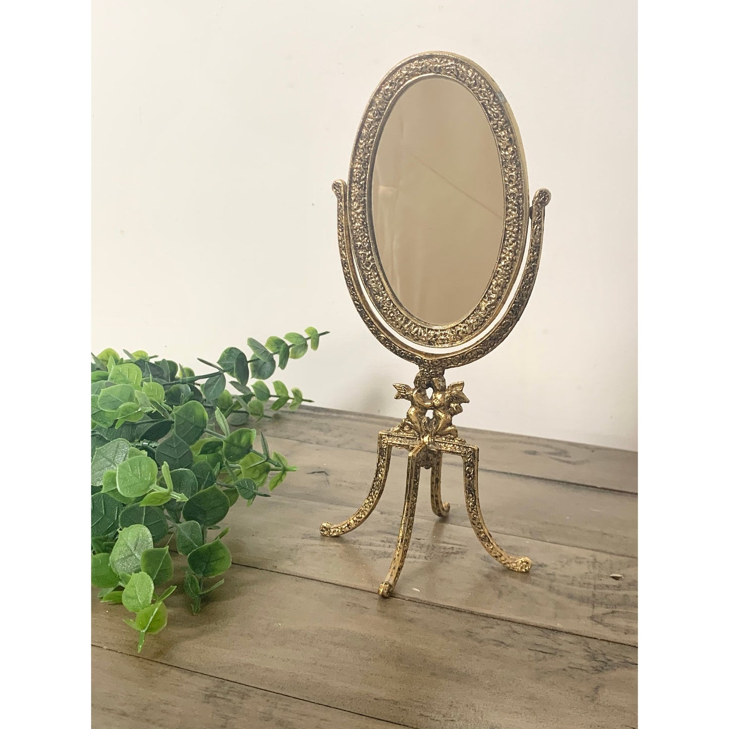 Vintage Gold Metal Tabletop Vanity Mirror Ornate Cherub Hollywood Regency Gilt
