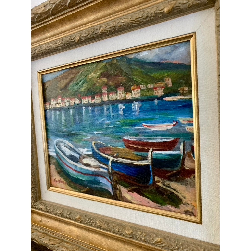 Mediterranean Oil Painting with Boats Signed & Framed