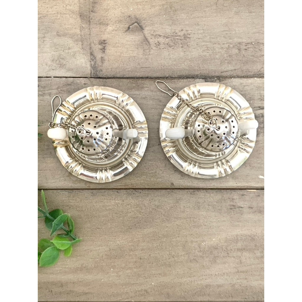 Vintage Silverplate Tea Infuser Set Mini Teapot Tea Strainers with Drip Trays