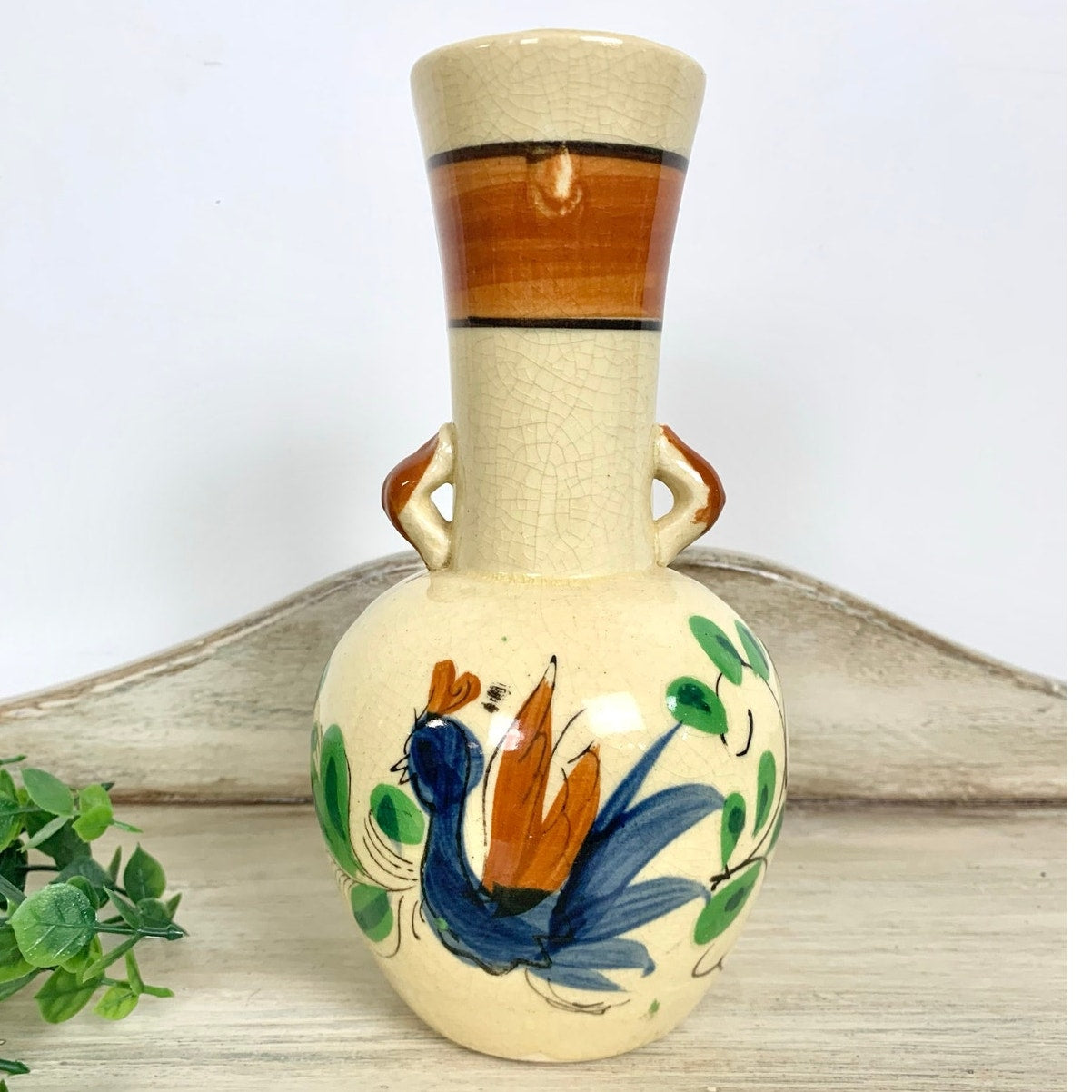 Vintage Thura Satsuma Vase Japan Ho Ho Bird Hand Painted Phoenix Mid Century