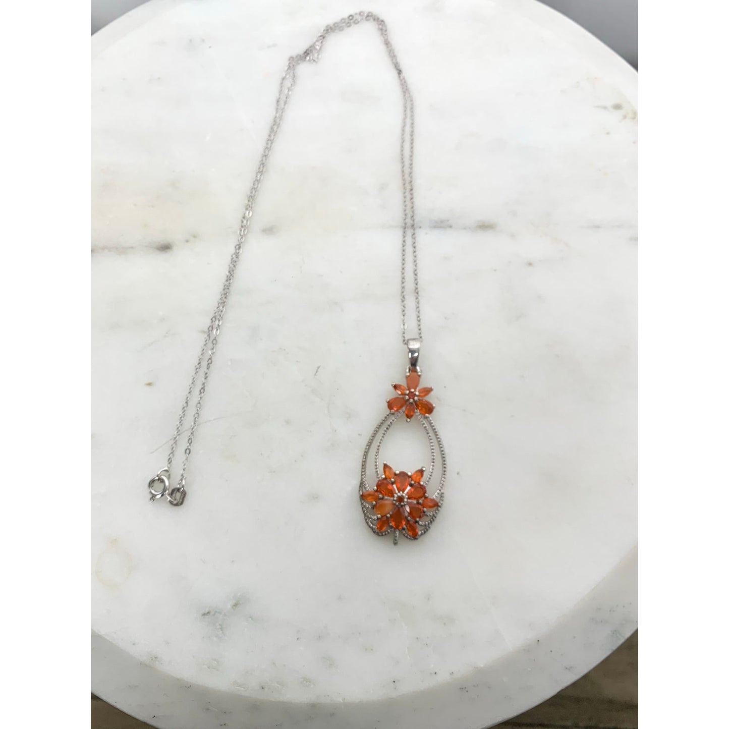 Sterling Silver STS Orange Gemstone Floral Pendant Necklace 925 Vintage Style Statement Necklace