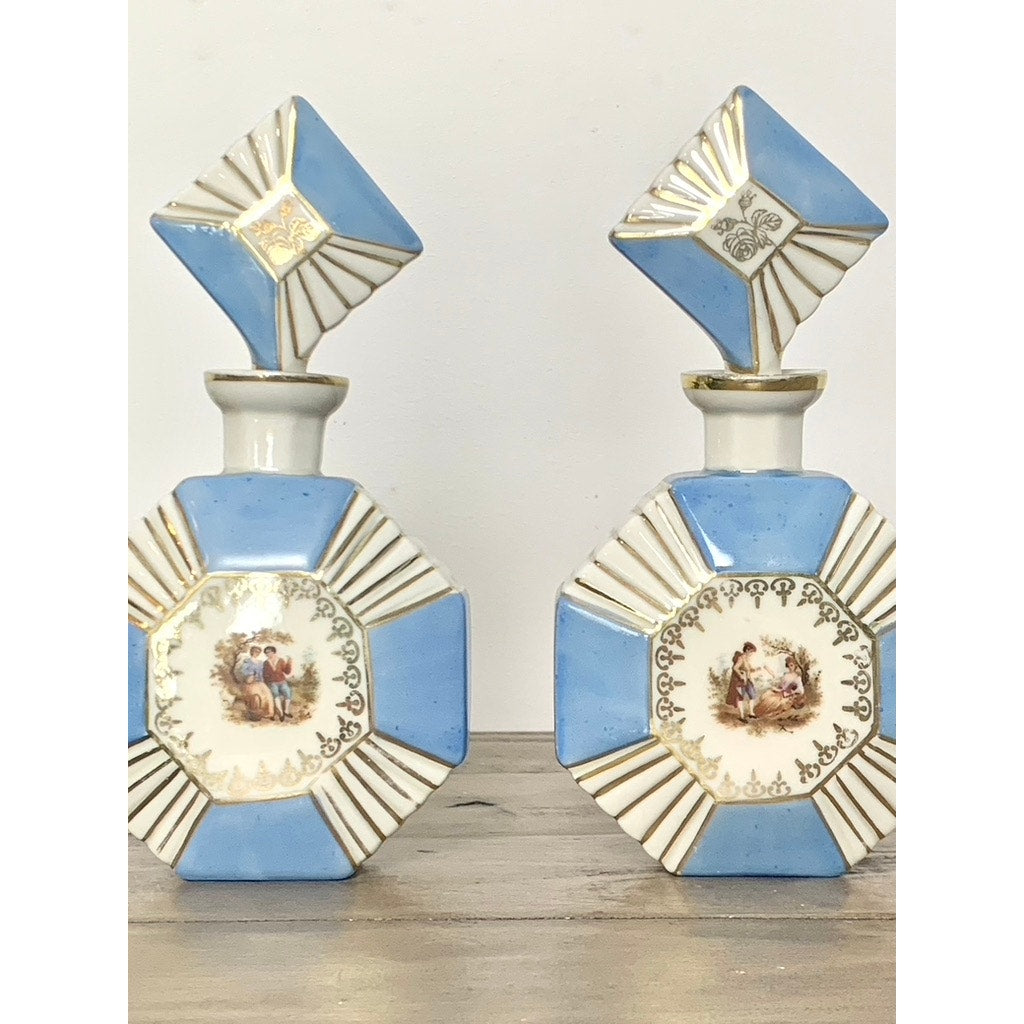 Antique Bavaria Porcelain Perfume Bottles Set of 2 Blue Gold Courting Scene Vintage Vanity Edwardian Art Deco Regency