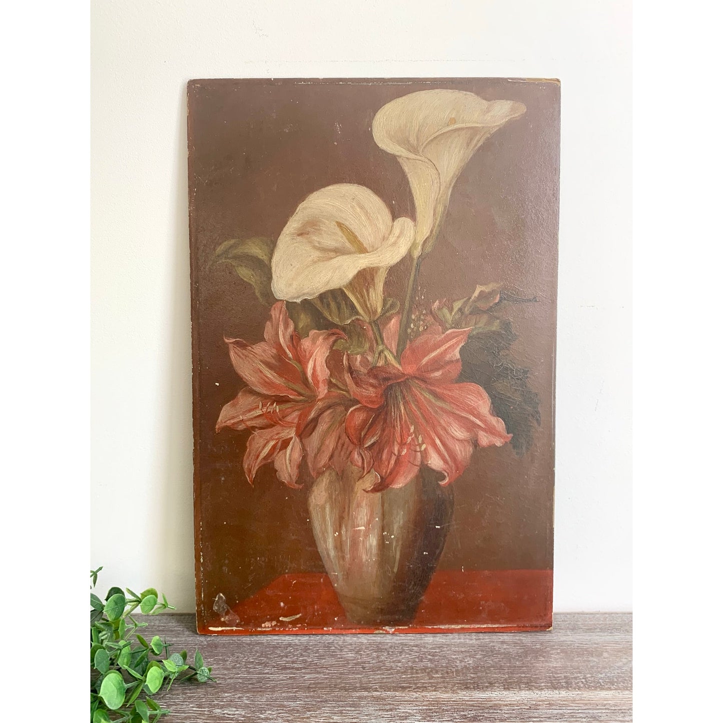 Antique Floral Still Life Oil Painting on Board – Red White Lilies 18” x 11.9” Vintage Art Romantic