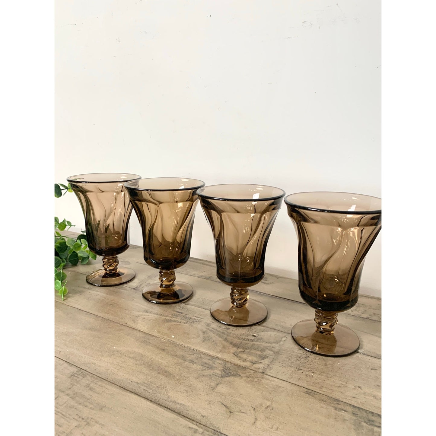 Vintage Fostoria Jamestown Brown Smokey Swirl Goblets Glasses Set of 4 Mid Century