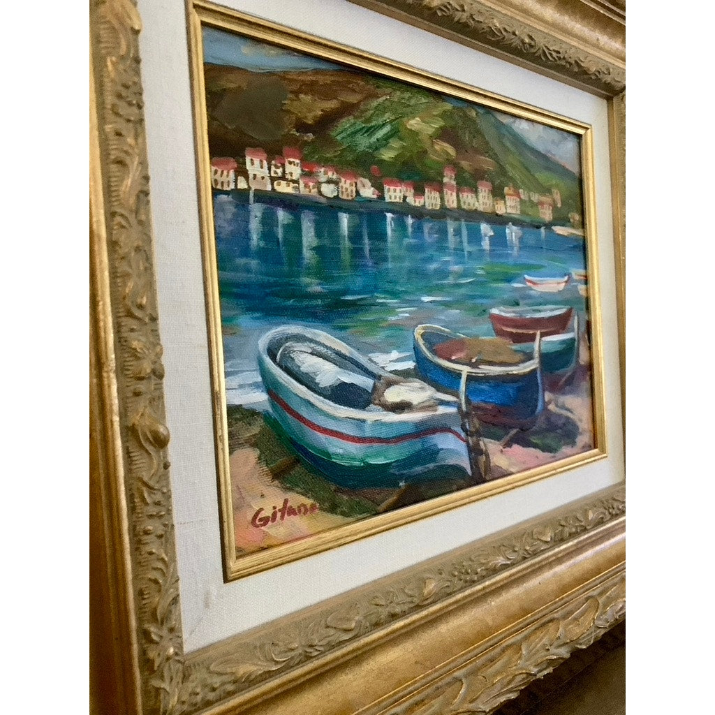 Mediterranean Oil Painting with Boats Signed & Framed