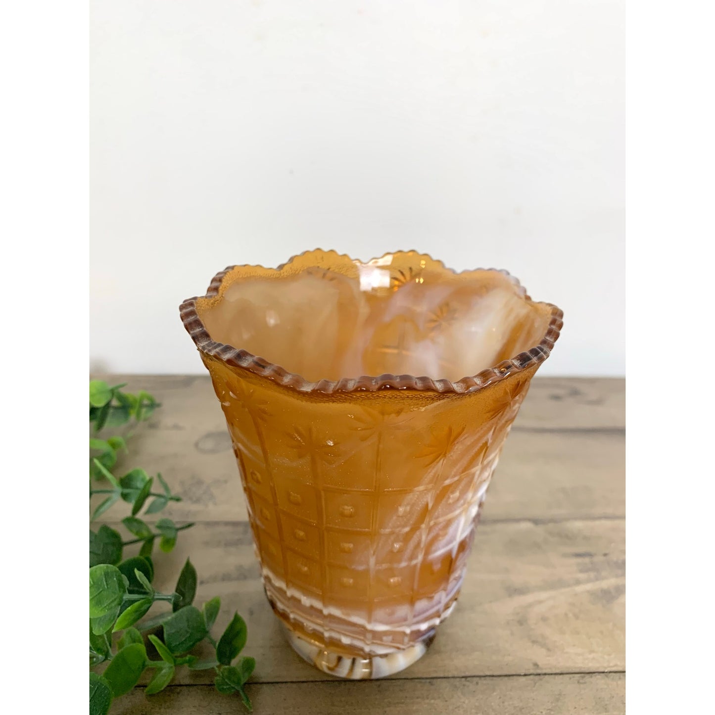 Vintage Imperial Glass Amber Slag Glass Vase Marbled Swirl Mid Century Scalloped