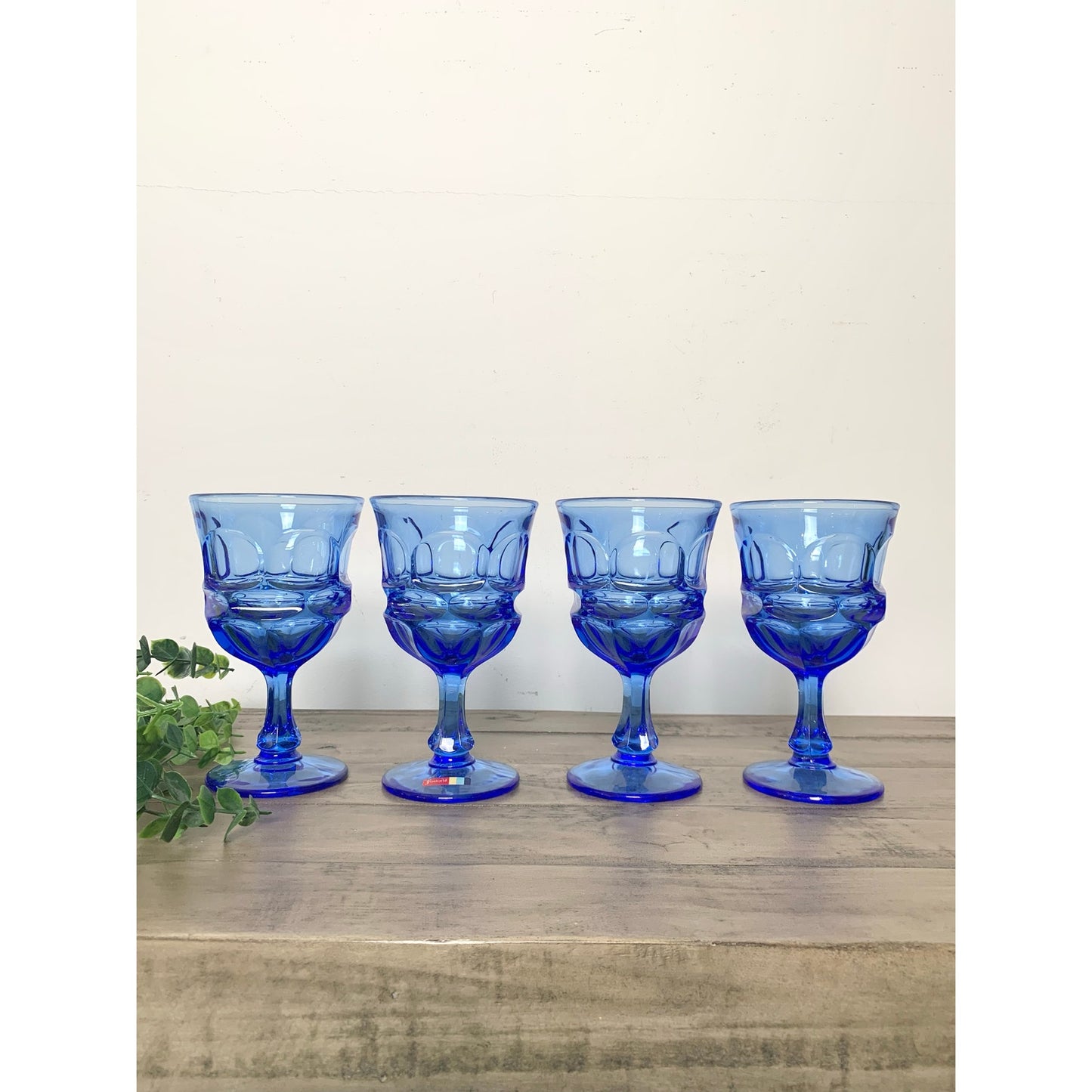 Vintage Fostoria Argus Blue Water Goblets Stem Mid Century Glassware Retro Set 4