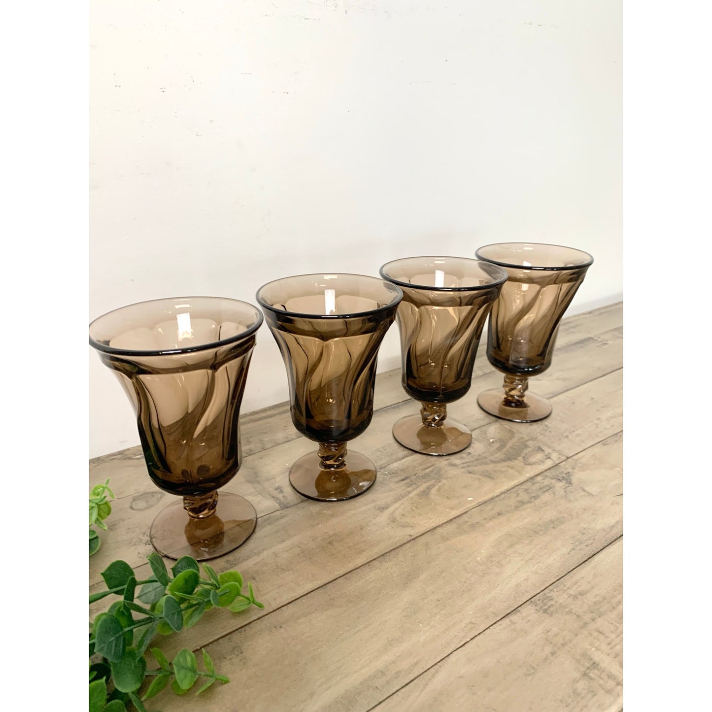 Vintage Fostoria Jamestown Brown Smokey Swirl Goblets Glasses Set of 4 Mid Century