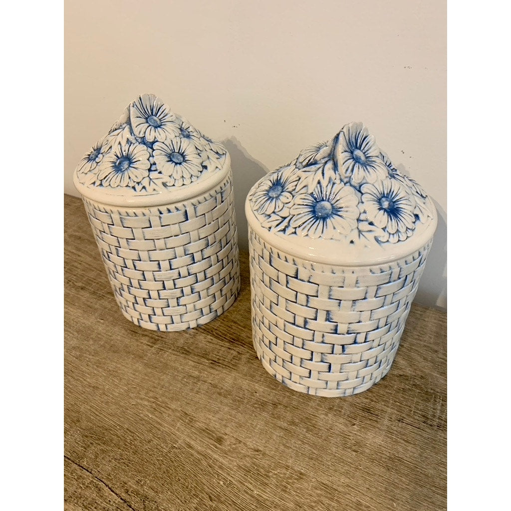 Vintage Lefton Blue & White Daisy Canisters - Set of Two Vintage Kitchen