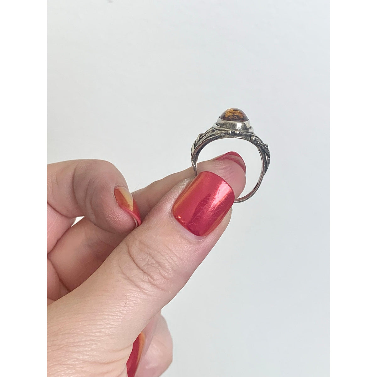 Vintage Sterling Silver Amber Ring Botanical Leaf Filigree Jewelry Boho Southwestern