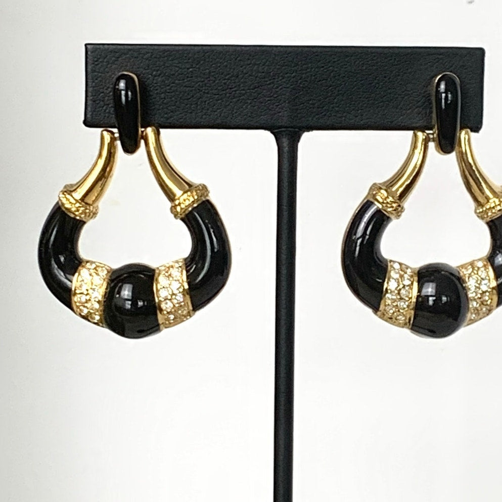 Vintage Black Enamel Rhinestone Goldtone Doorknocker Earrings Pierced Statement Glam