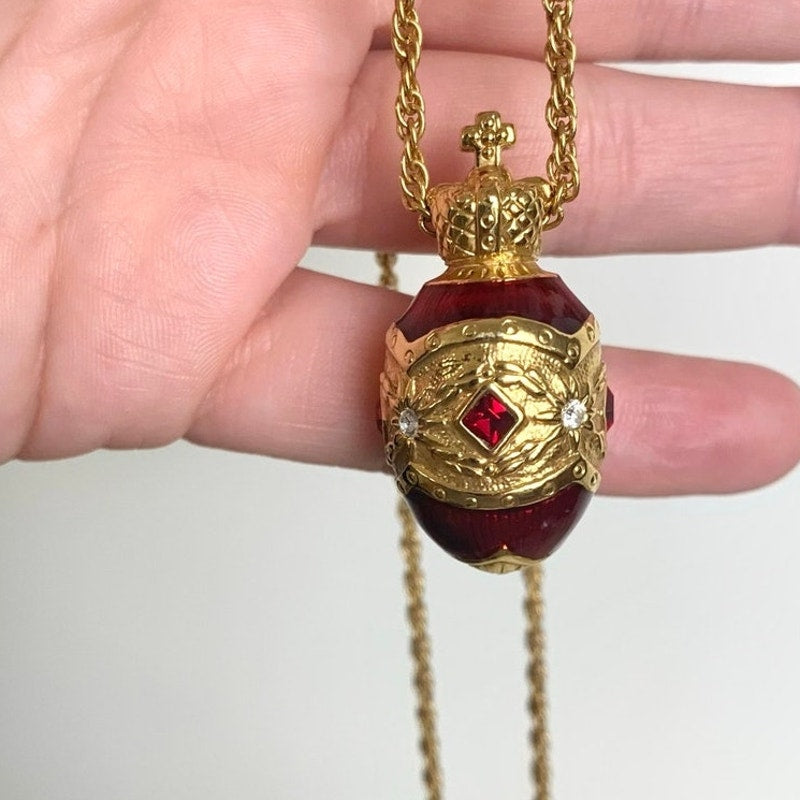Vintage Joan Rivers Red Enamel Egg Pendant Necklace Crown Rhinestone Gold Tone