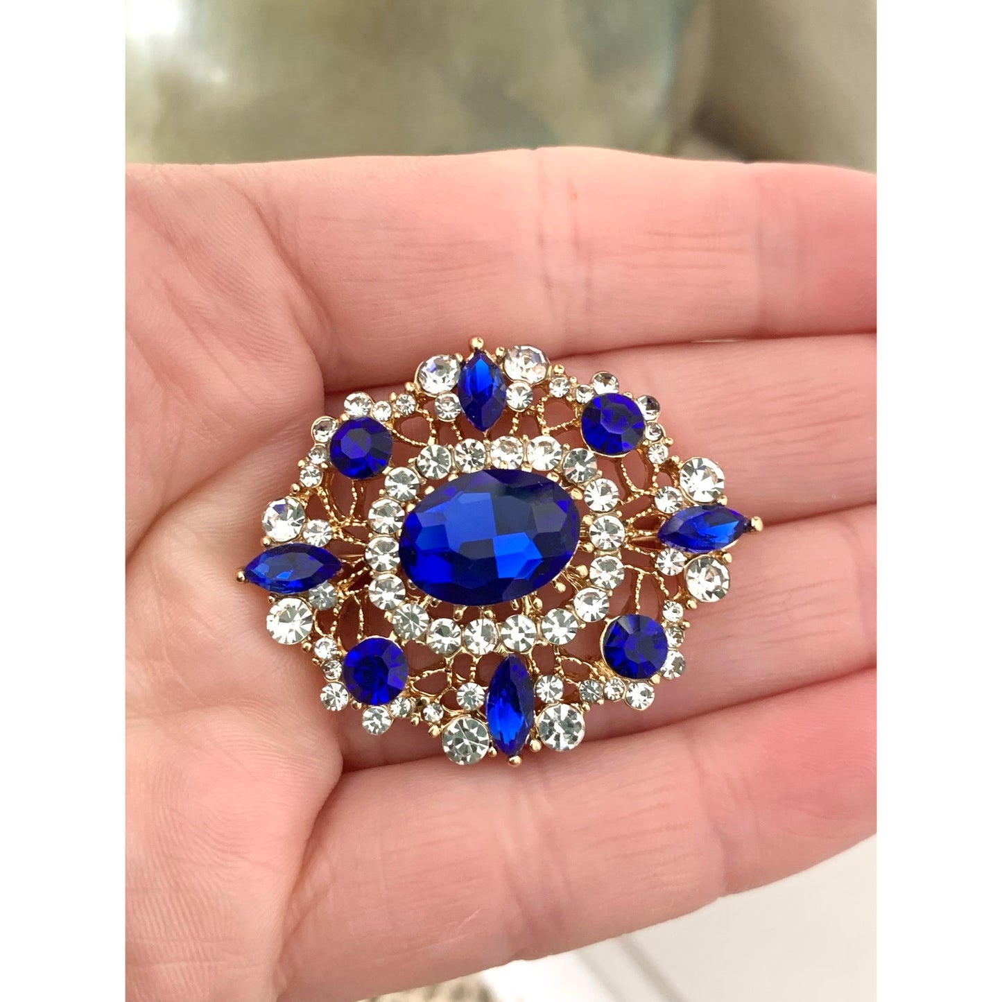 Blue Glass Rhinestone Statement Brooch Goldtone Clear Accents Romantic Vintage Style
