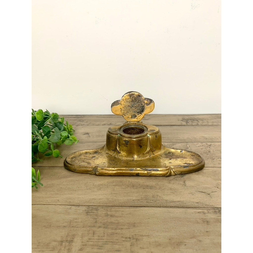 Antique Bradley & Hubbard Brass Inkwell Gold Ornate Old Money Office Decor