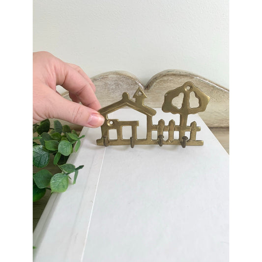 Vintage Brass Key Holder House Tree Fence Wall Hooks Cottagecore Farmhouse