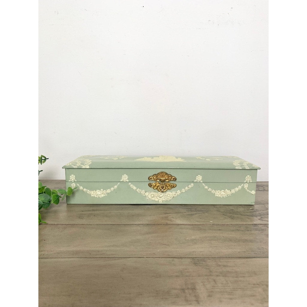 Antique Celluloid Glove Box Green Jewelry Box Figural Dog Relief Romantic Victorian