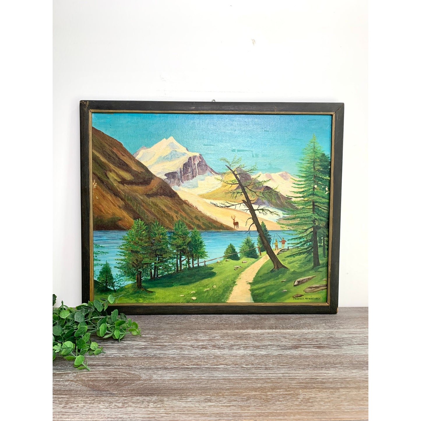 Vintage Alpine Landscape Oil Painting Signed Framed Mountain Lake Nature Cottage