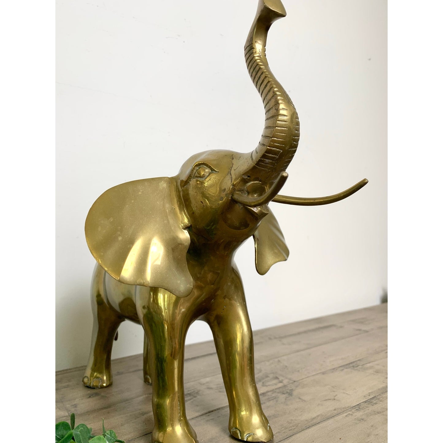 Vintage Solid Brass Elephant Statue with Raised Trunk Mid Century Animal Figure