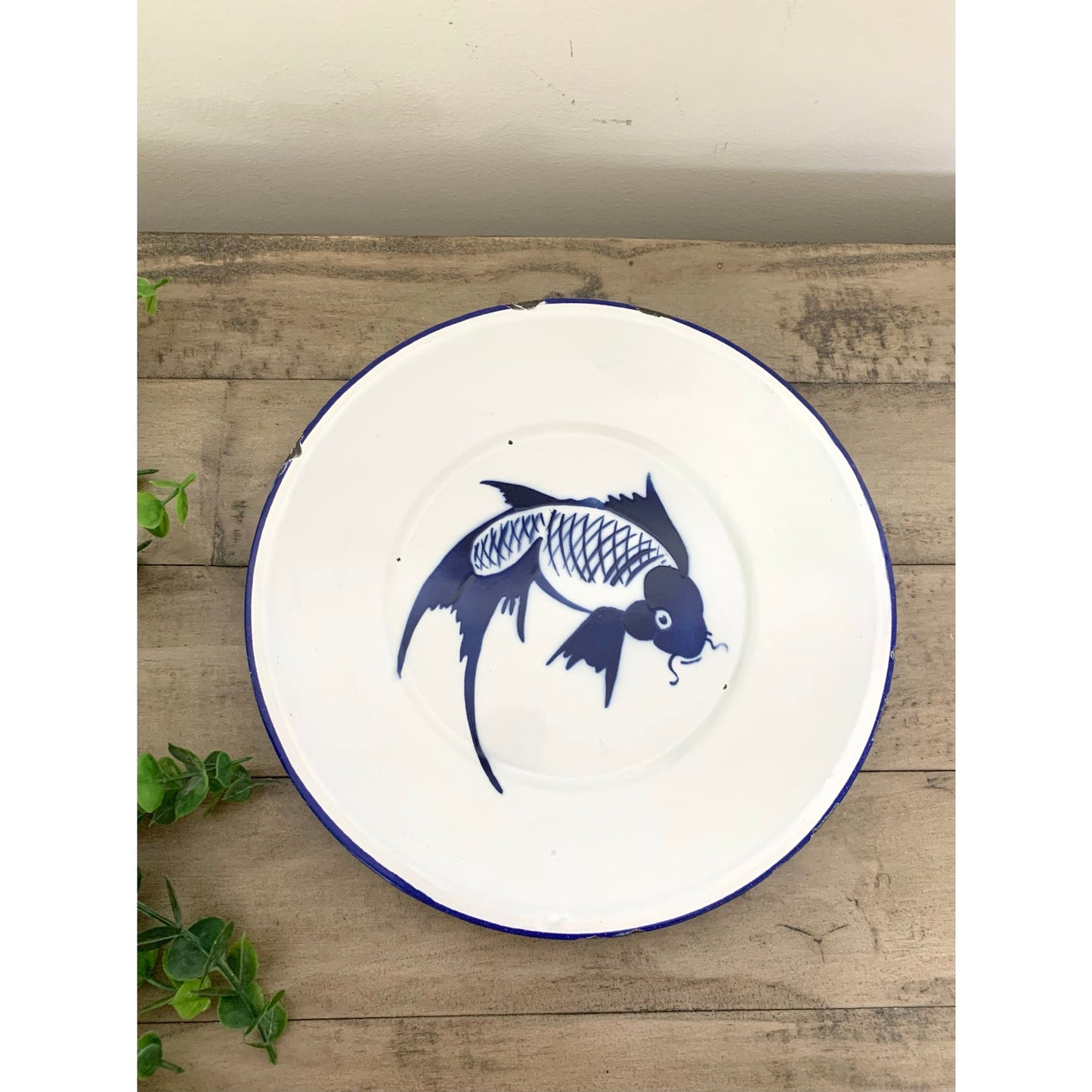 Vintage Butterfly Brand Enamelware Plate Blue Koi Fish Farmhouse Chinoiserie