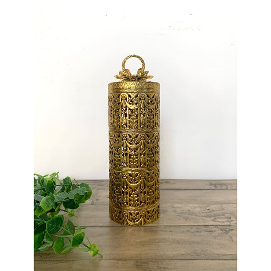 Vintage Ormolu Brass Filigree Hairspray Cover Hollywood Regency Vanity Decor