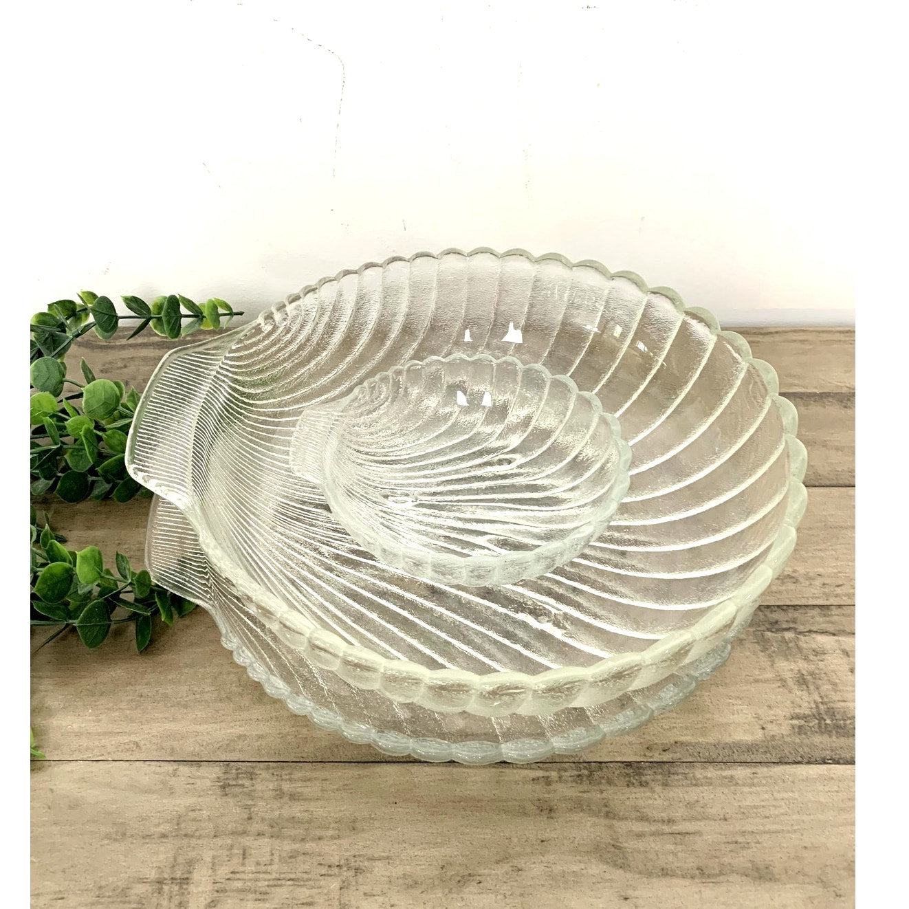 Vintage Anchor Hocking Clam Shell Glass Serving Dish Set 3pc Coastal Cottage