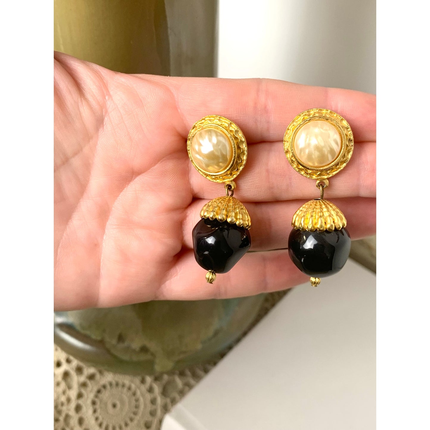 Vintage Faux Pearl Black Bead Goldtone Dangle Earrings Classic Statement