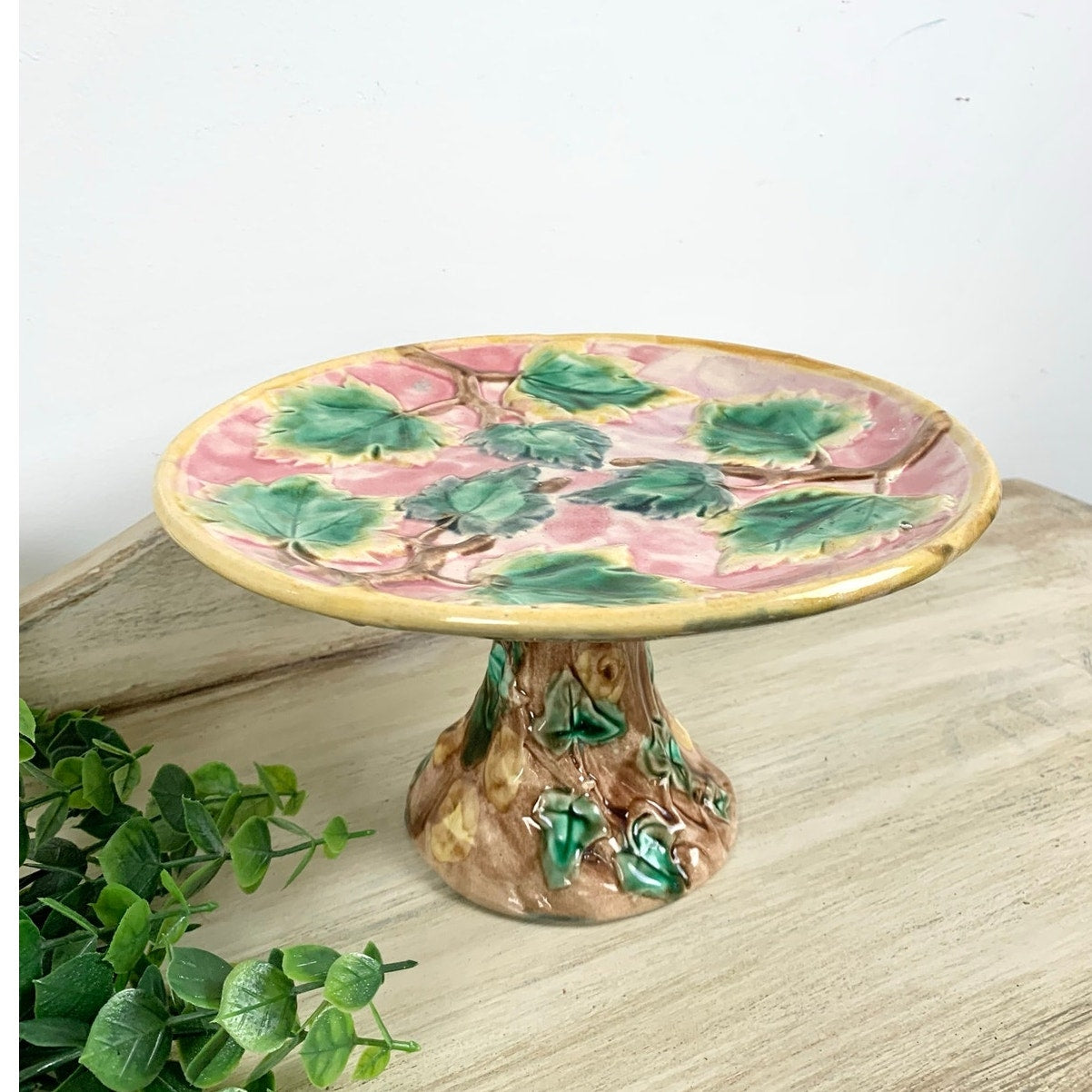 Antique Majolica Pedestal Cake Stand Maple Leaf Compote Etruscan Riser Dessert Victorian Pottery