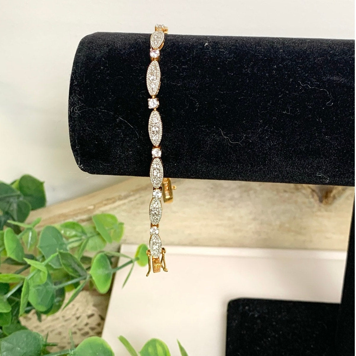 Vintage Goldtone Rhinestone Tennis Bracelet Art Deco Style Crystal Glam Jewelry