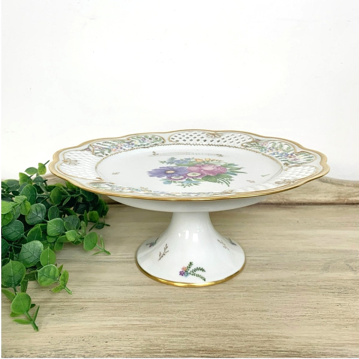 Vintage Pedestal Cake Stand Floral Hand Painted Porcelain Wedding Serving Cottage Shabby