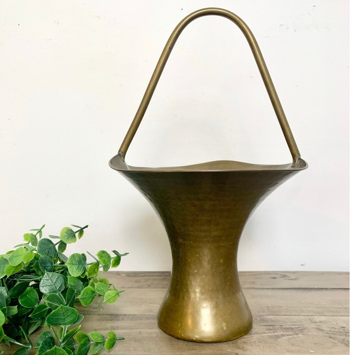 Vintage Hammered Brass Basket Vase Planter Mid Century Patina Brass Vessel