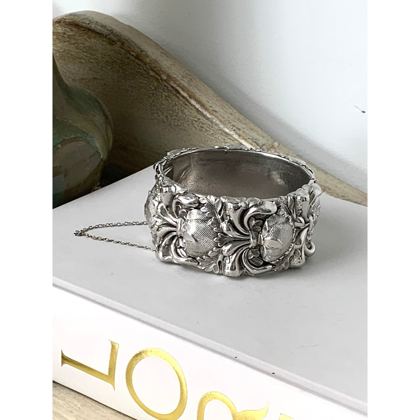 Vintage Wide Silver Tone Bracelet Whiting and Davis Style Repousse Floral Bangle