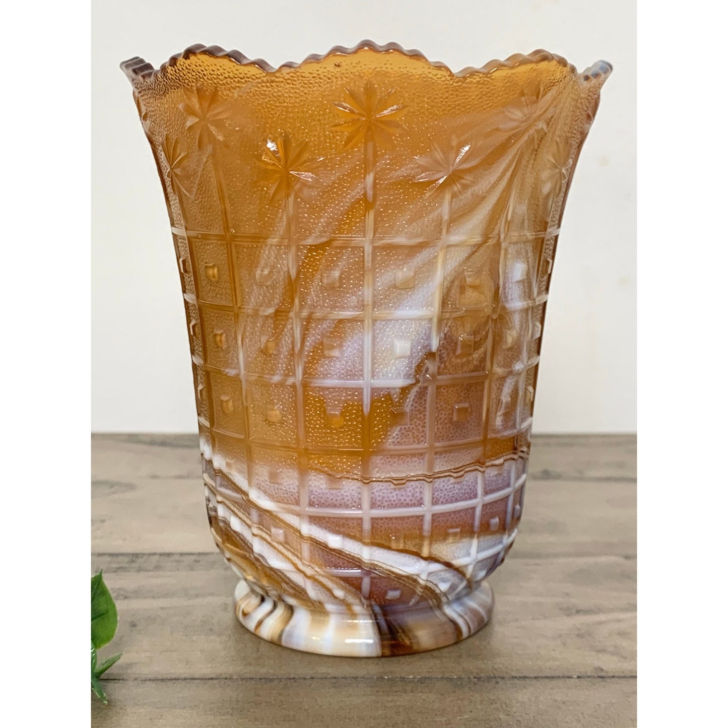 Vintage Imperial Glass Amber Slag Glass Vase Marbled Swirl Mid Century Scalloped