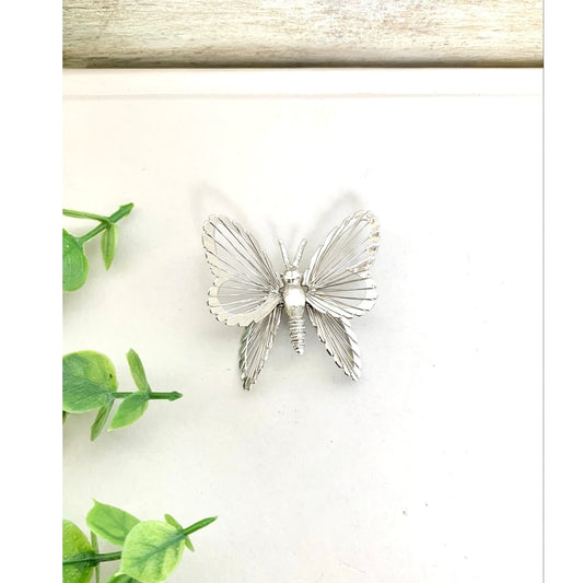Vintage Monet Butterfly Brooch Silvertone Filigree Wing Pin Signed Statement Nature Jewelry