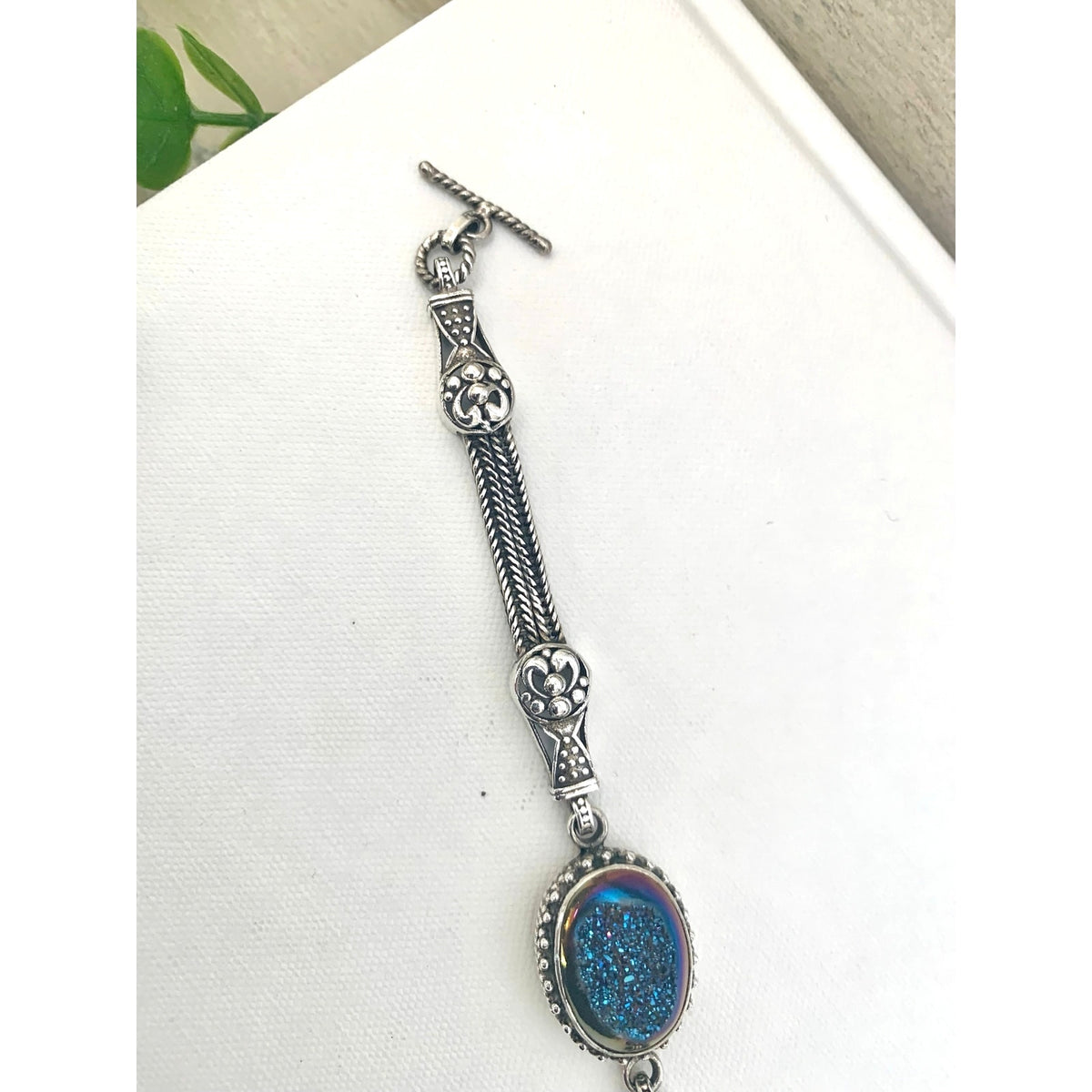 Vintage Sterling Silver Druzy Quartz Bracelet Blue Iridescent 925 Jewelry