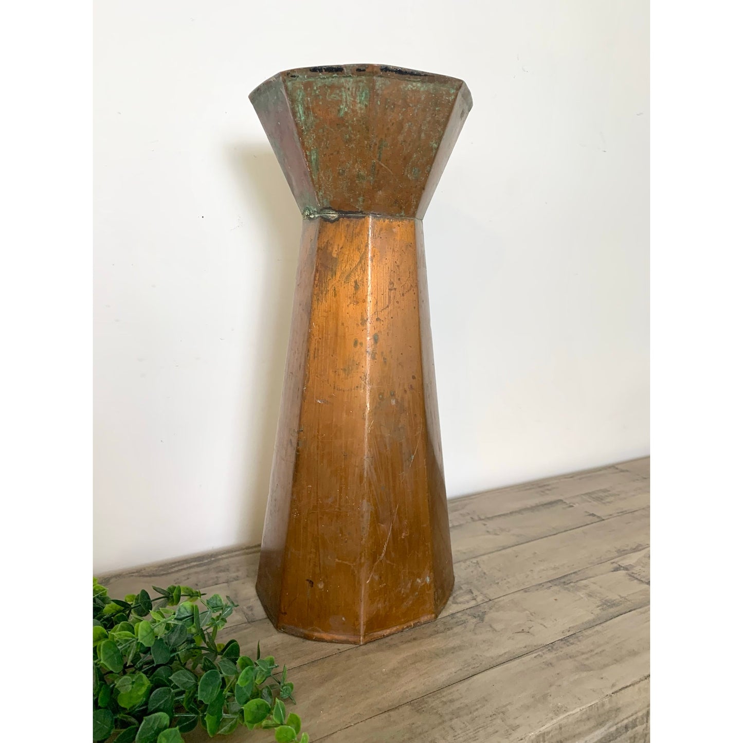 Vintage Copper Vase with Natural Verdigris Patina Large Statement Vessel Rustic