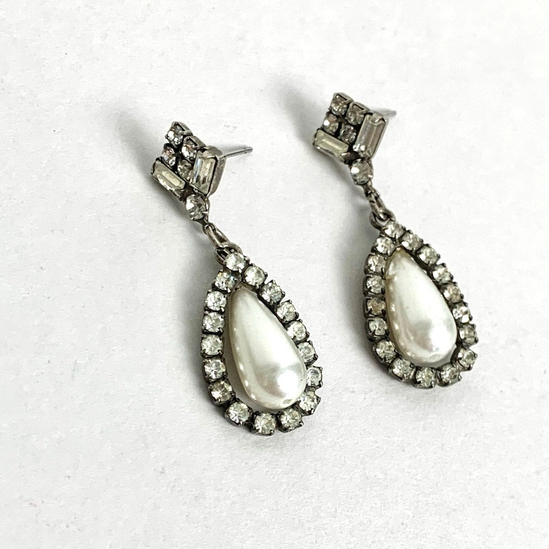 Vintage Art Deco Rhinestone Faux Pearl Drop Earrings Teardrop Bridal Dangle Post Back