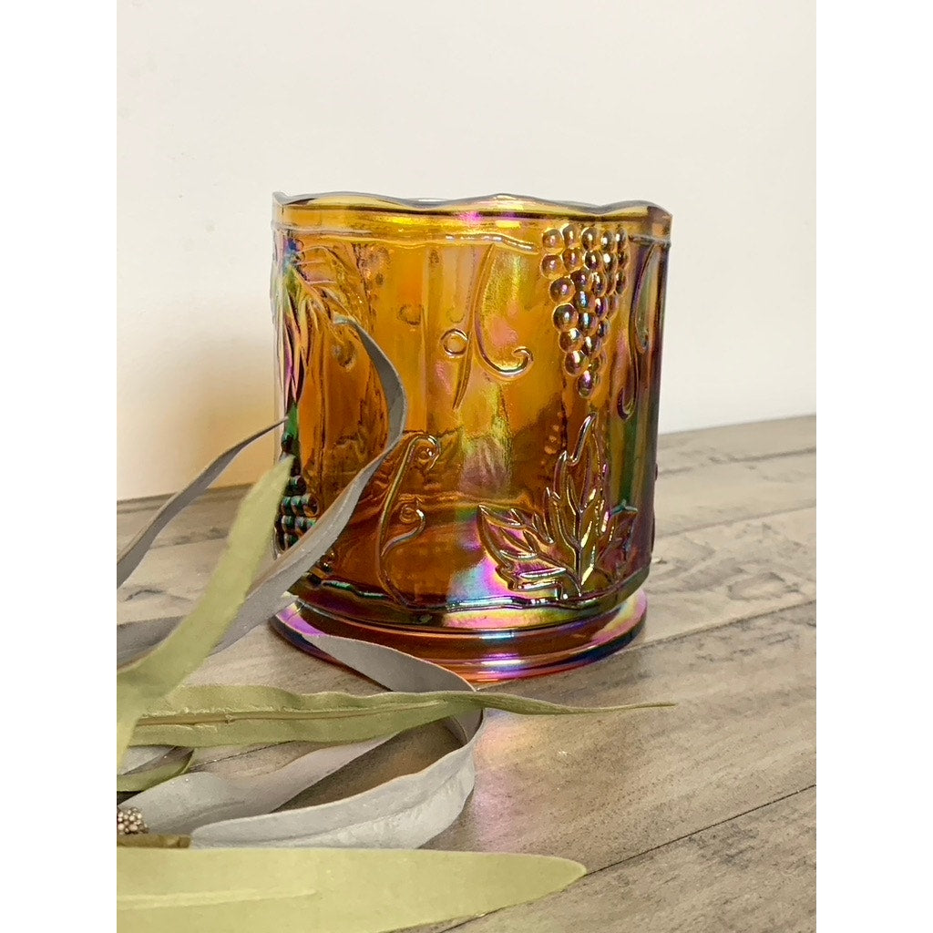 Vintage Iridescent Carnival Glass Votive Holder with Grape & Leaf Motif Marigold