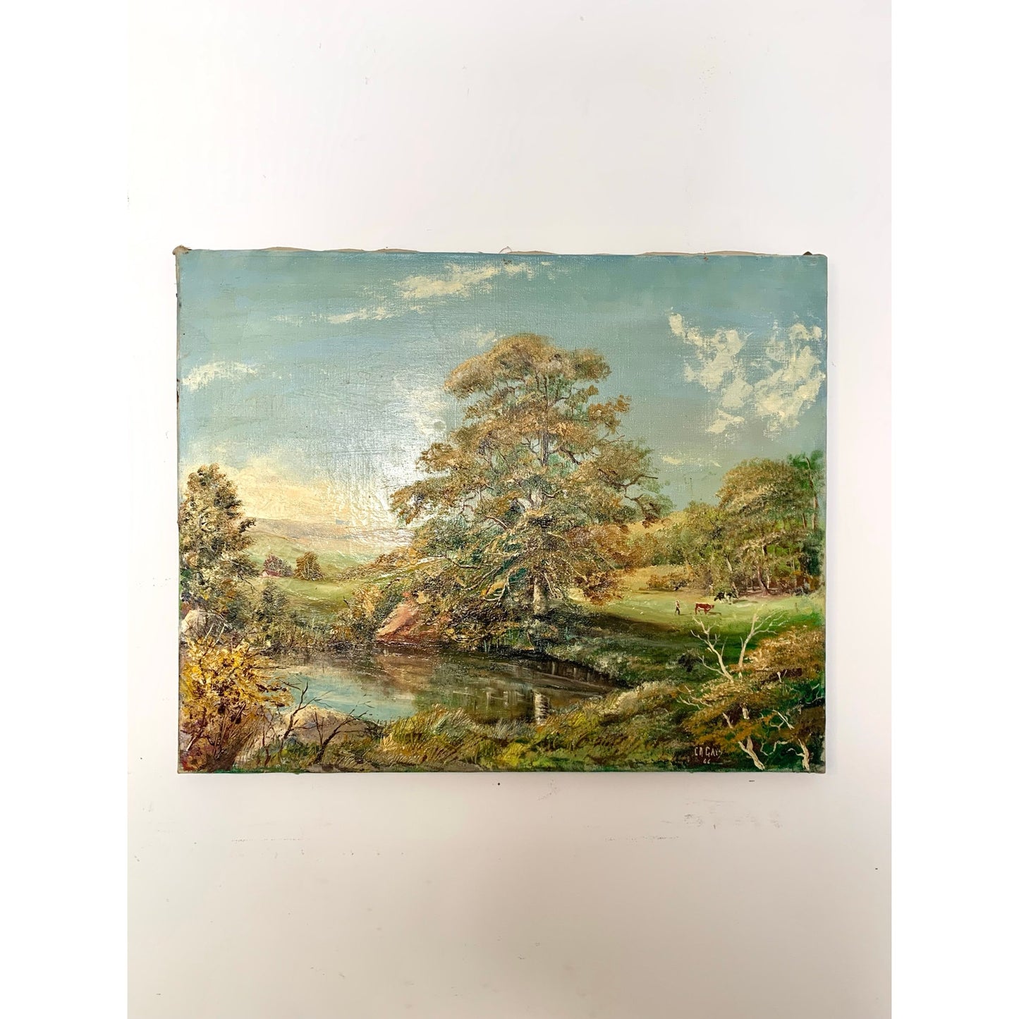 Vintage 1966 Landscape Oil Painting on Canvas – Signed C.A. Gays – Mid Century Original Farm Scene with Tree & Pond