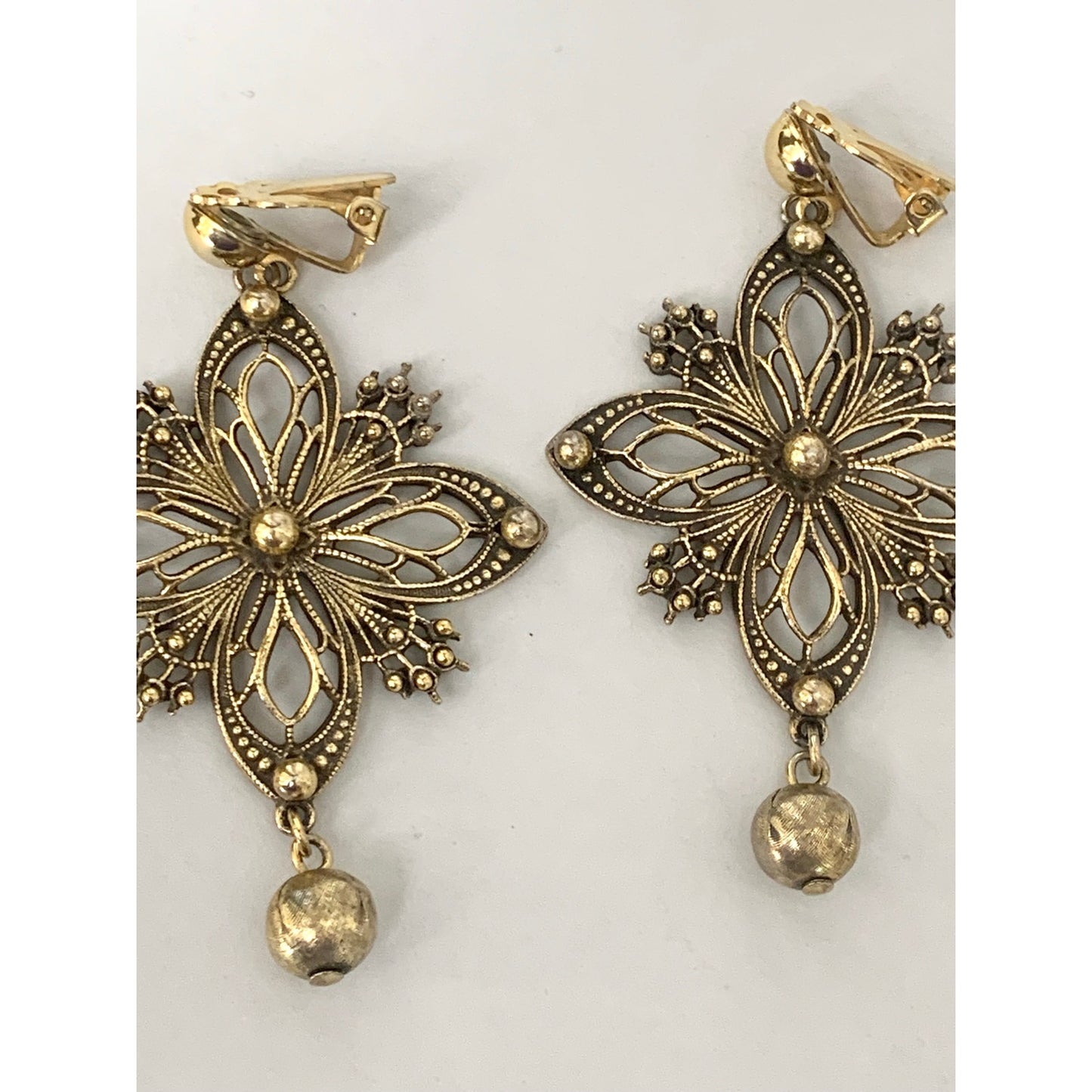 Vintage Gold Tone Clip On Earrings Ornate Filigree Floral Dangle Earrings Statement Jewelry