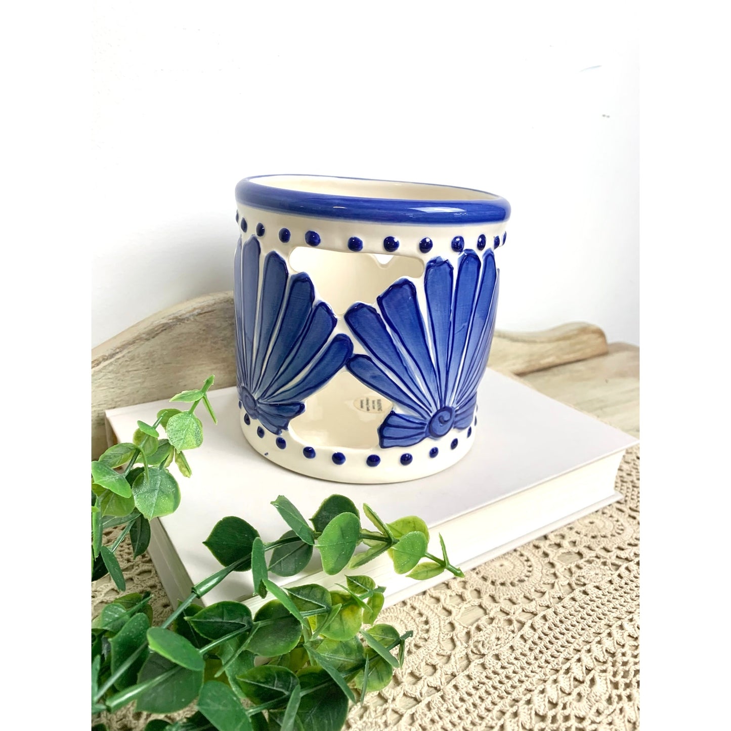 Vintage Blue and White Coastal Shell Candle Holder Ceramic Cutout Beach Votive
