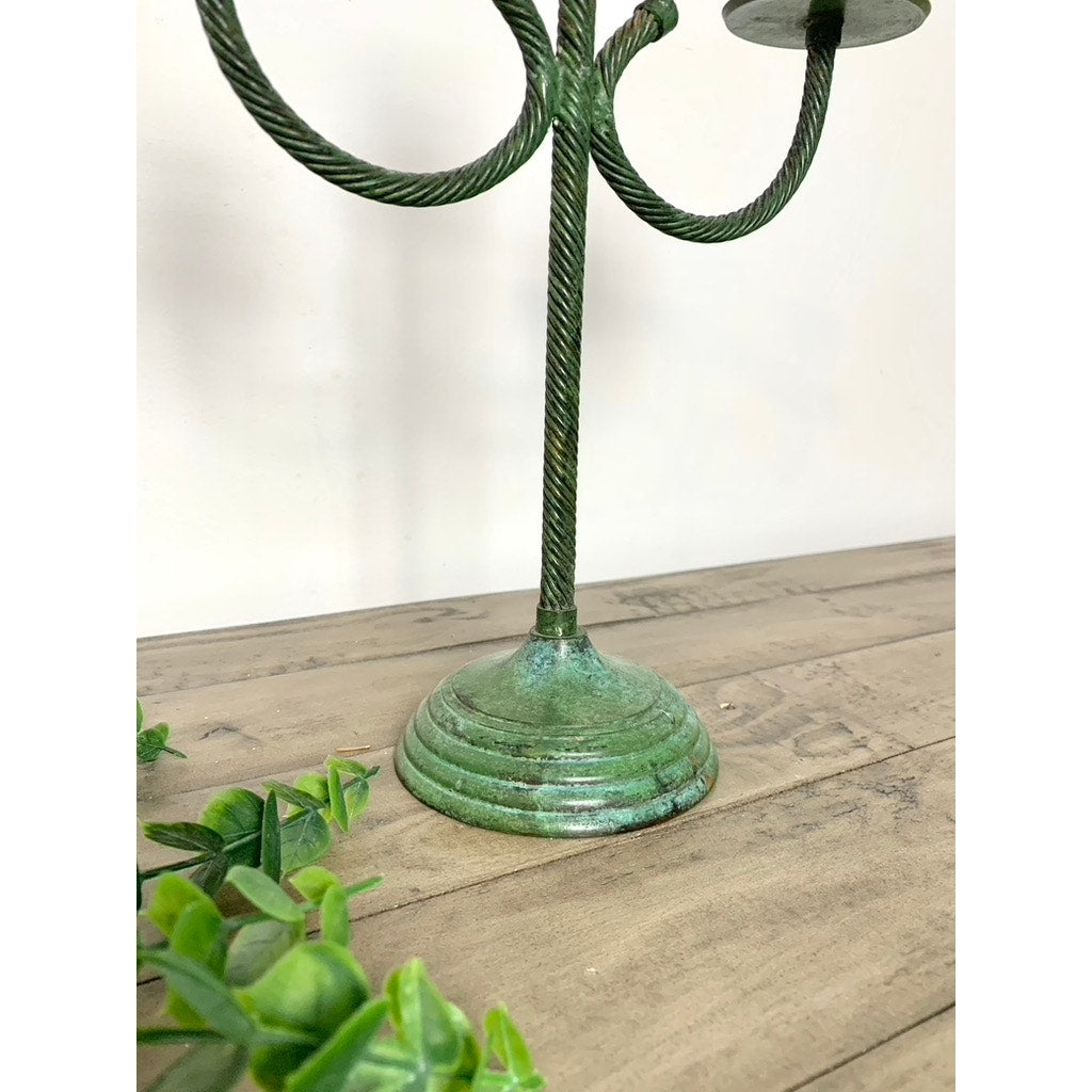 Vintage Verdigris Twisted Metal Candelabra – Green Triple Candle Holder Aged Patina Old World Christmas