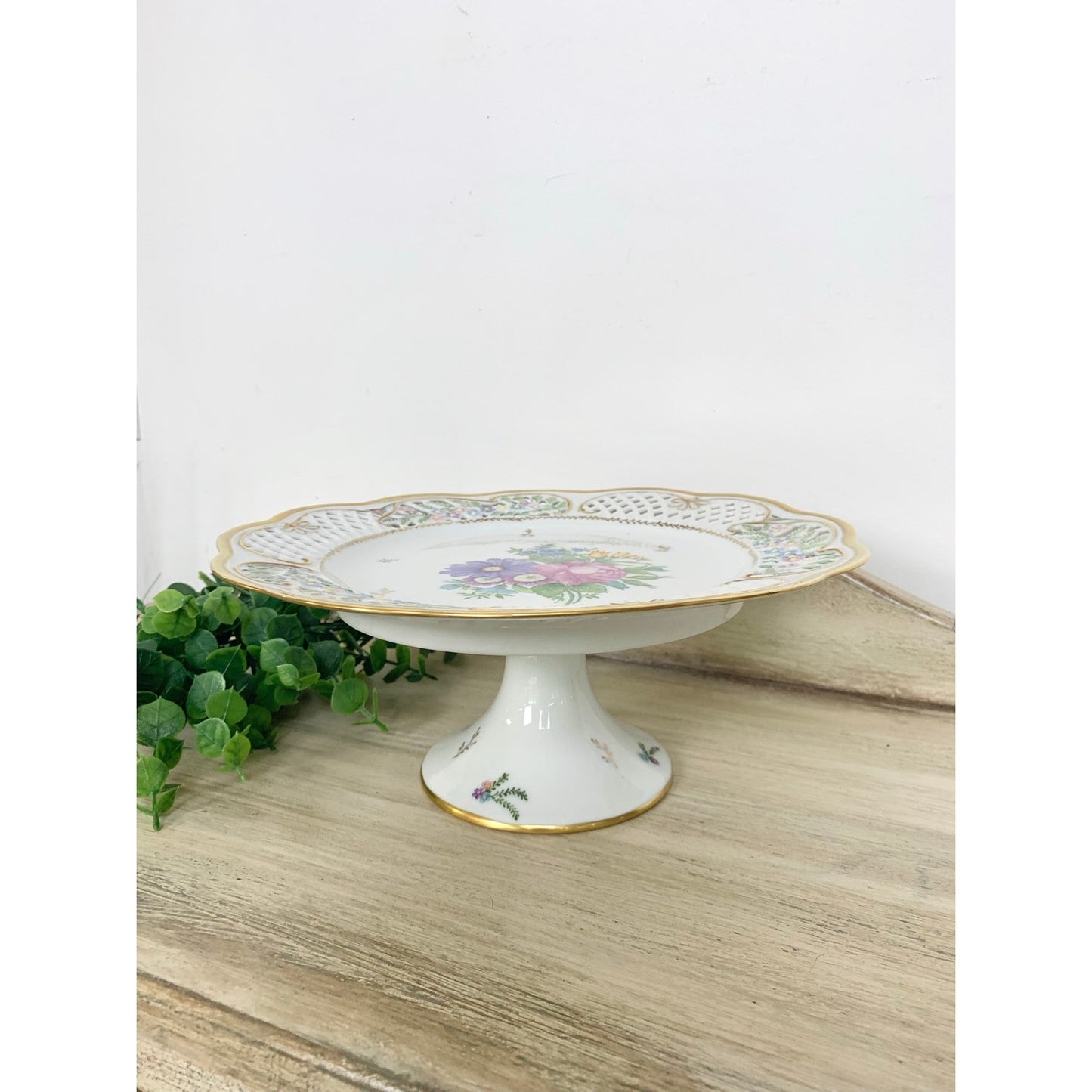Vintage Pedestal Cake Stand Floral Hand Painted Porcelain Wedding Serving Cottage Shabby