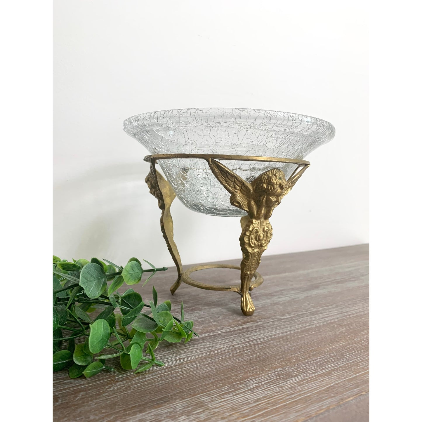 Vintage Brass Pedestal with Crackle Glass Bowl Angel Cherub Candle Votive Vase
