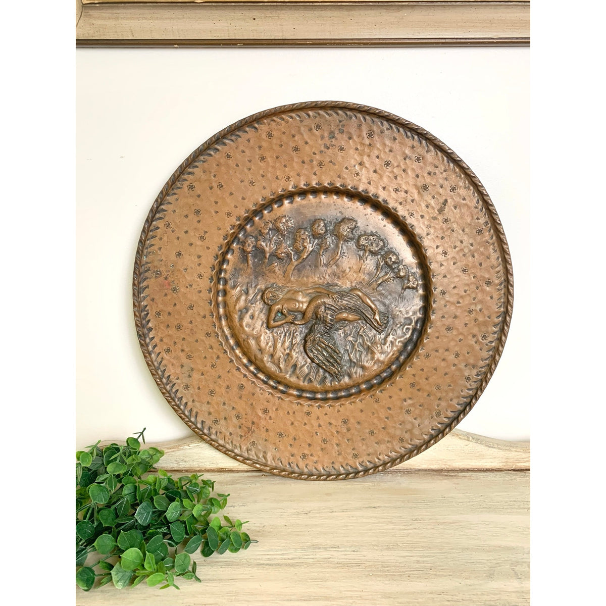 Vintage Copper Leda and Swan Repousse Wall Plaque Mythological Art Relief Scene