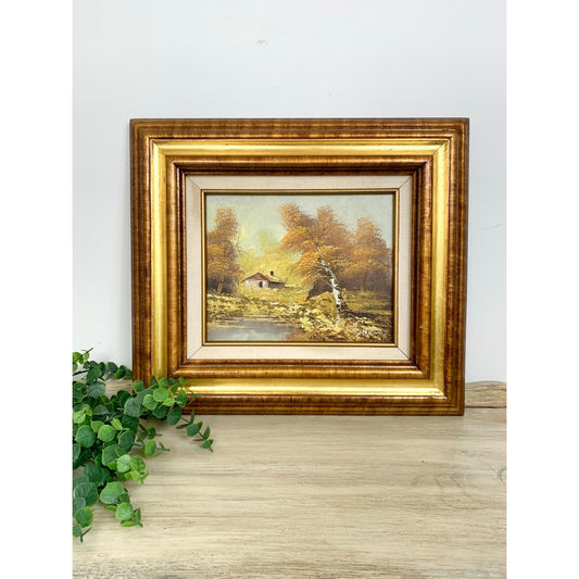 Vintage Landscape Oil Painting Cabin Woodland Scene Framed Signed Matted Cottagecore