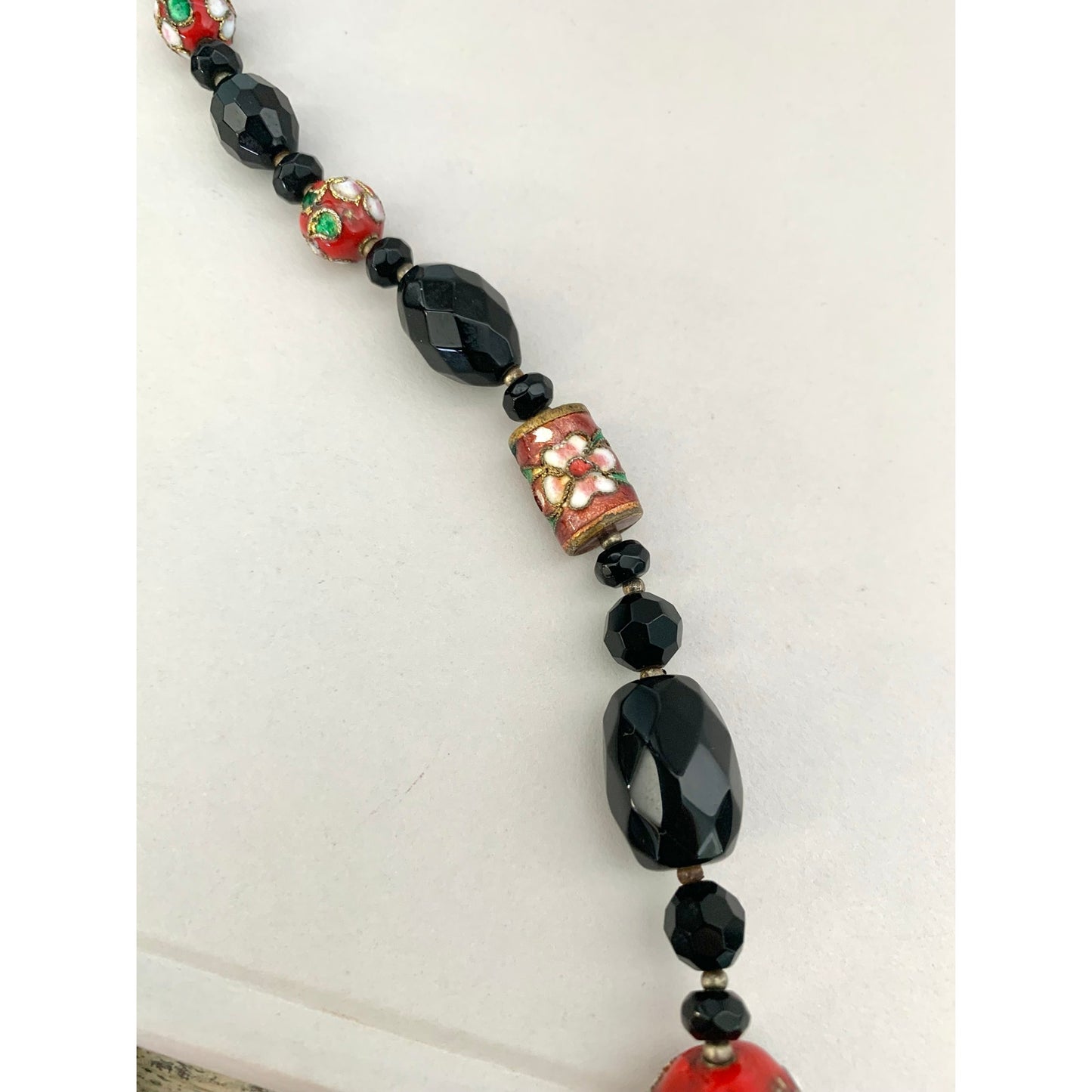 Vintage Cloisonne Beaded Necklace Black Faceted Glass Floral Red Enamel Statement